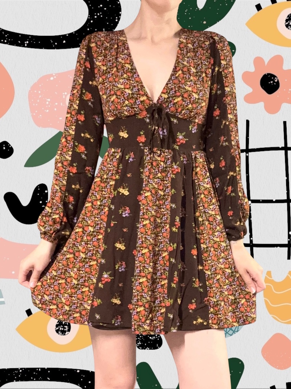 So | Mixed Floral Paneled Fall Long Sleeve Babydoll Mini Dress